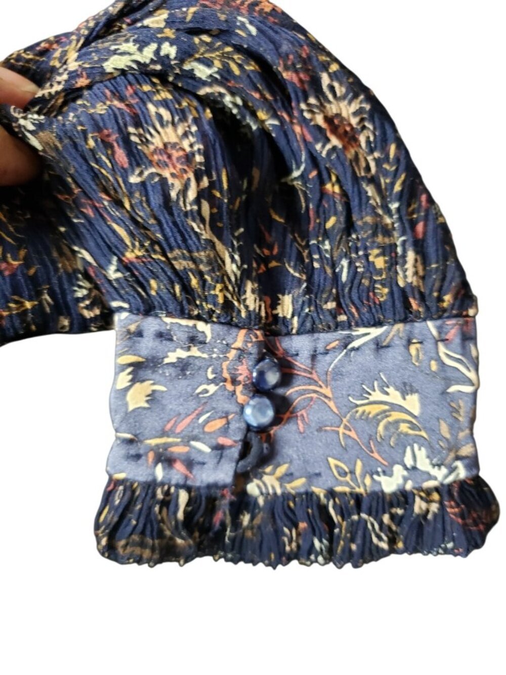 Elie Tahari Floral Sheer Silk Blouse With Ruffle Collar & Cuff Navy/Orange XSmal - Picture 15 of 16